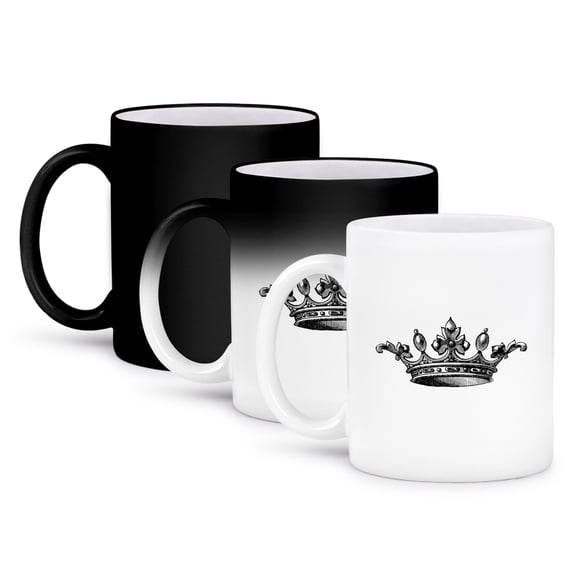 3dRose, Majestic crown black and white drawing - royal tiara-like crown - vintage art - king queen princess, 11oz Magic Transforming Mug