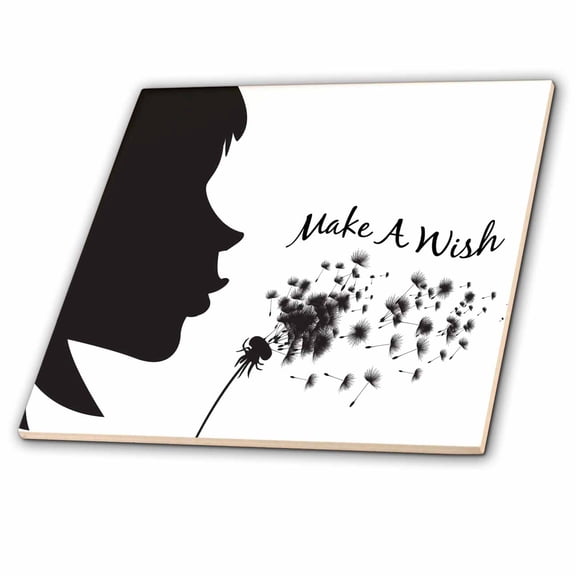 3dRose, Make A Wish Silhouette Girl Blowing Dandelion Inspirational Nature Design, 12 Inch Ceramic Tile