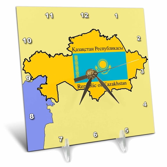 3dRose, Map and Flag of Kazakhstan with Republic of Kazakhstan printed in English and Russian, 6x6 Desk Clock