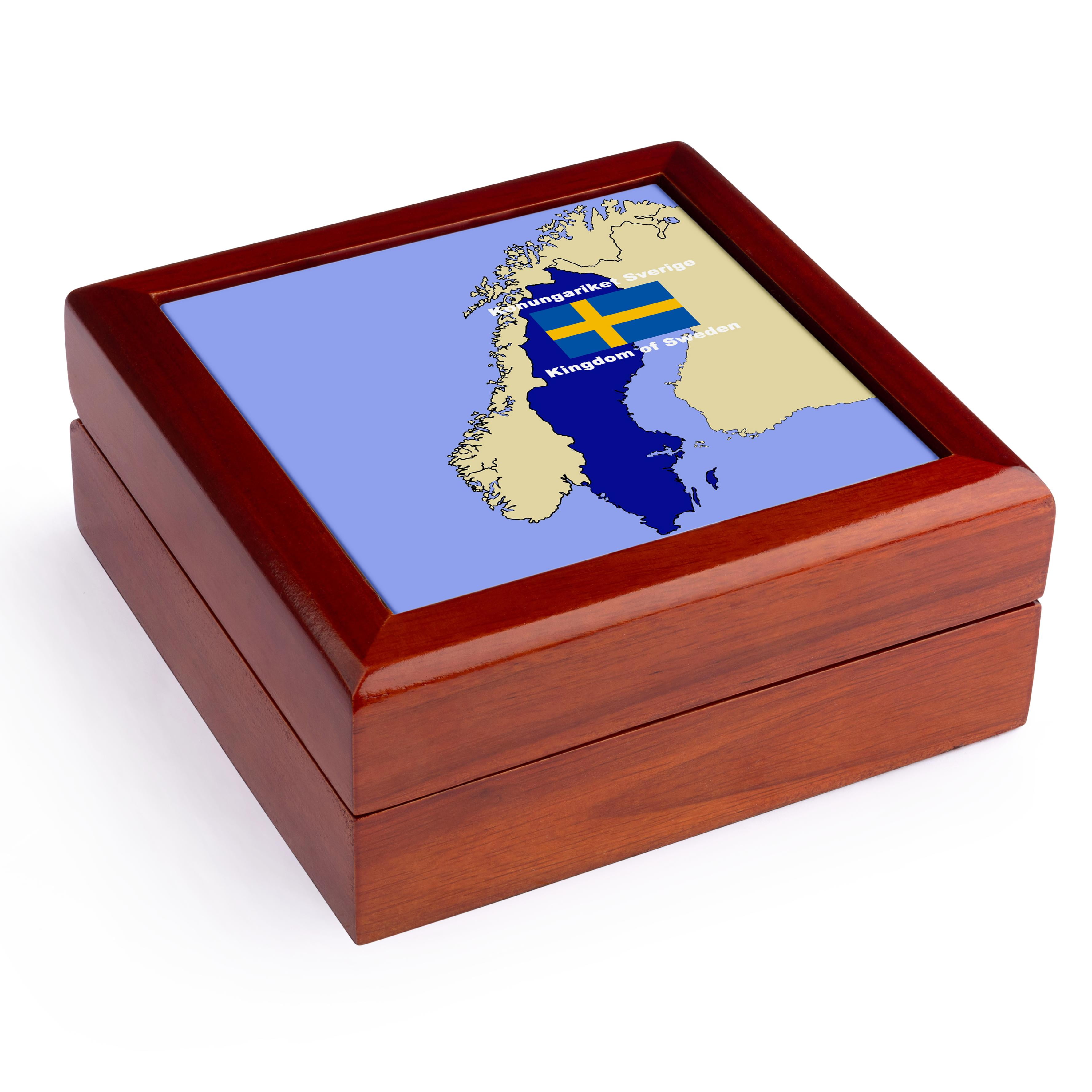 3dRose, Map and Flag of Sweden with the Kingdom of Sweden printed in both English and Swedish, Jewelry Box 5.5x5.5 inch with 4 inch tile
