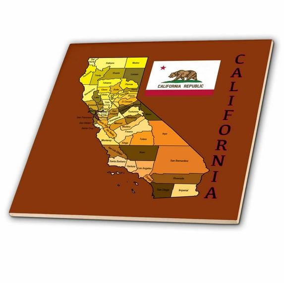 3dRose, Map and flag of the State of California with all counties colored., 4 Inch Ceramic Tile