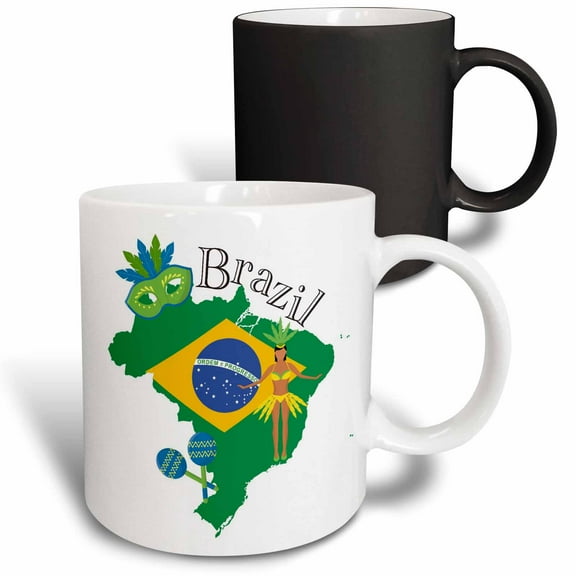 3drose, Map of Brazil with Flag and Some Icons, 11oz Magic Transforming Mug