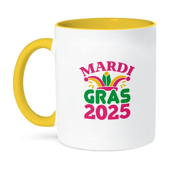 3drose, Mardi Gras 2025 Text of Red and Green Colors, Fools Hat, Funny Gift, 11oz Two-tone Yellow Mug