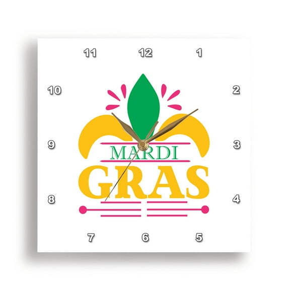 3dRose, Mardi Gras colorful yellow, green text, symbol of fleur-de-lis gift, 15x15 Wall Clock