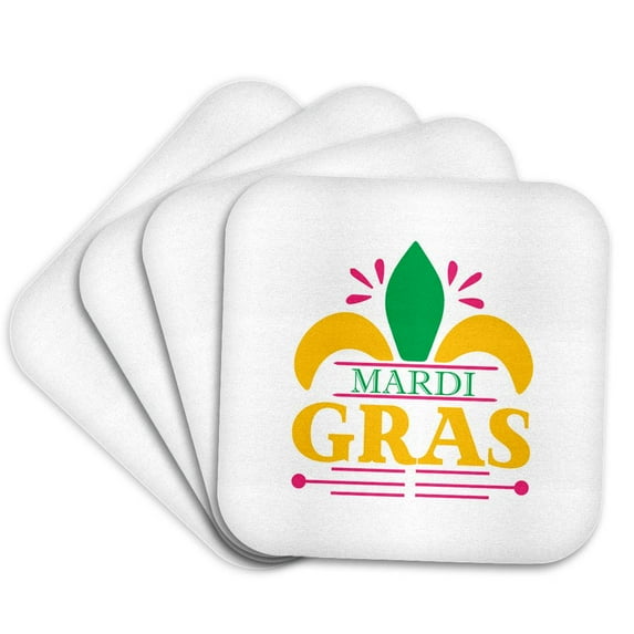 3drose, Mardi Gras Colorful Yellow, Green Text, Symbol of Fleur-de-lis Gift, Set of 4 Coasters - Soft
