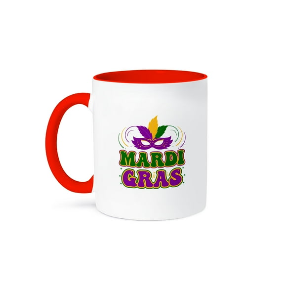 3drose, Mardi Gras Green, Purple Text, Image of a Purple Mask, Amazing Gift, 11oz Two-tone Red Mug