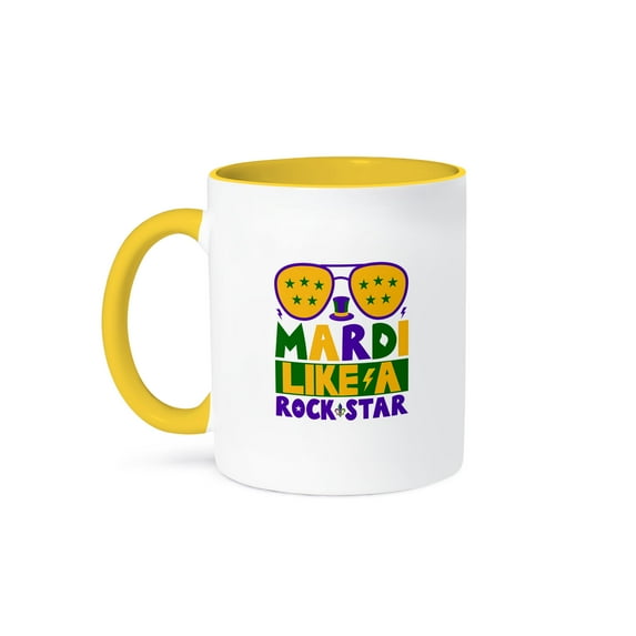 3drose, Mardi Gras Like a Rock Star Stylish Text, Image of Sunglasses, Gift, 11oz Two-tone Yellow Mug