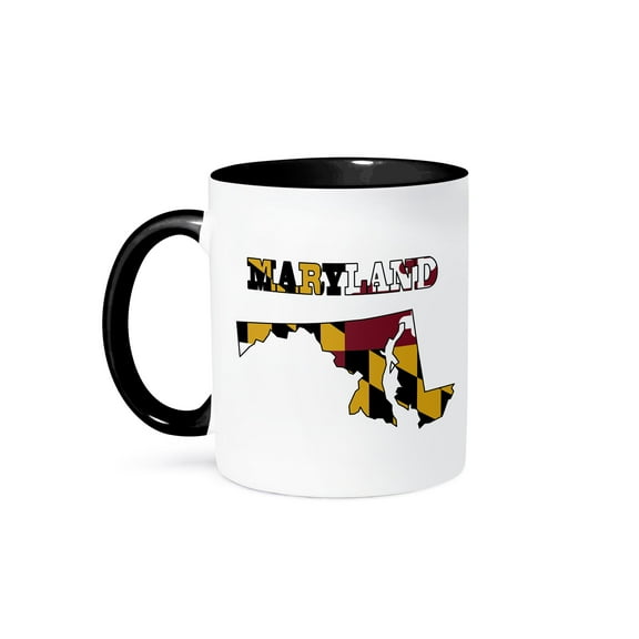 3dRose, Maryland state flag in the outline map and letters for Maryland, 11oz Two-Tone Black Mug