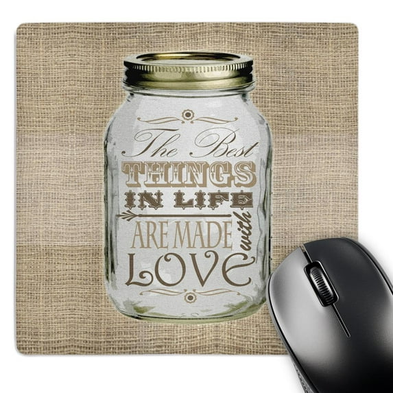3dRose, Mason Jar on Burlap Print Brown - The Best Things in Life are Made with Love - Gifts for the Cook, MousePad