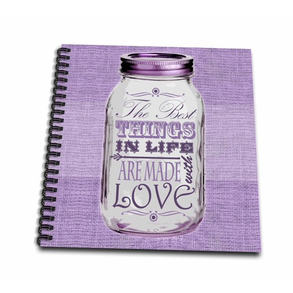 3dRose, Mason Jar on Burlap Print Purple - The Best Things in Life are Made with Love - Gifts for the Cook, Drawing Book 8 x 8 inch