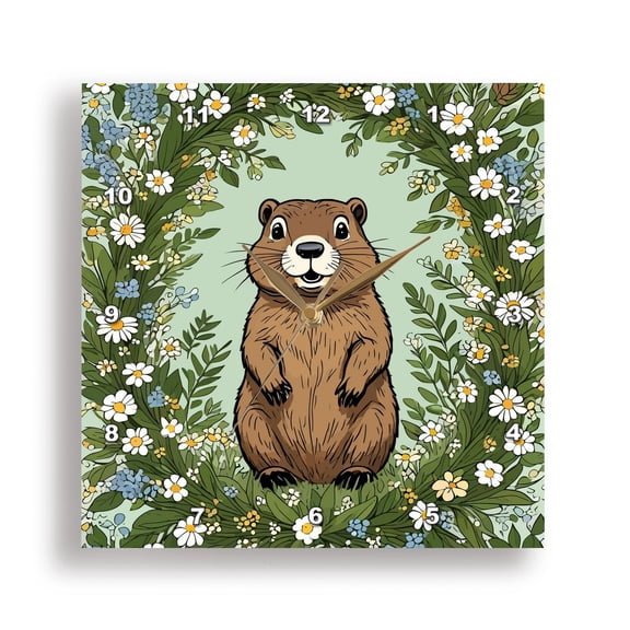 3dRose, Massachusetts Mayflowers and Groundhog Woodchuck, 15x15 Wall Clock