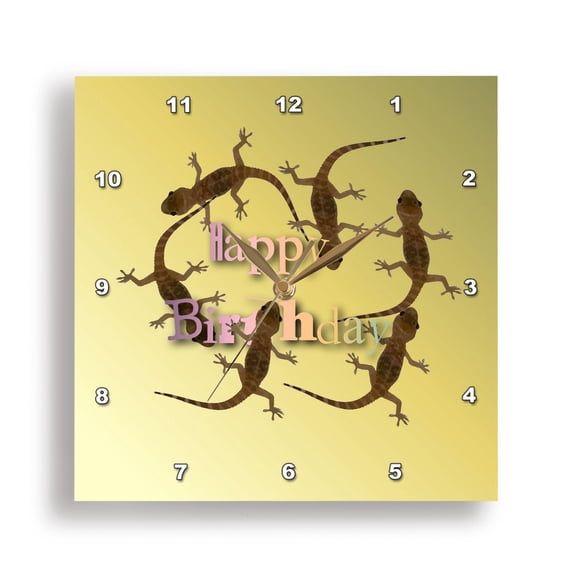3dRose, Mediterranean House Gecko Vector Happy Birthday Greeting, 15x15 Wall Clock
