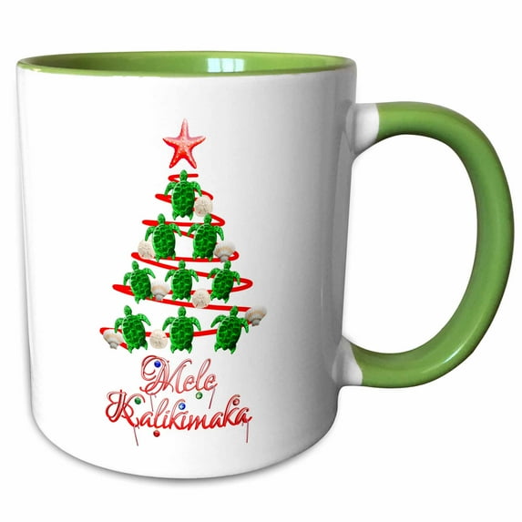 3drose, Mele Kalikimaka, Hawaiian for Merry Christmas with Turtle Xmas Tree, 11oz Two-tone Green Mug
