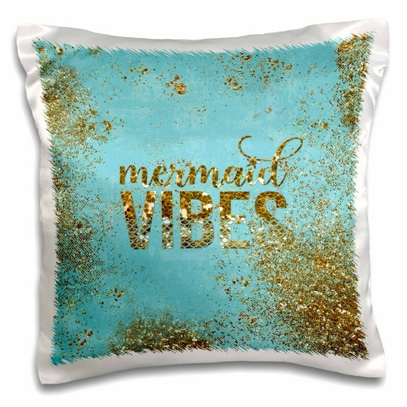 3drose, Mermaid Vibes-glitter Saying and Mermaid Illustration on Teal and Gold, 16x16 inch Pillow Case