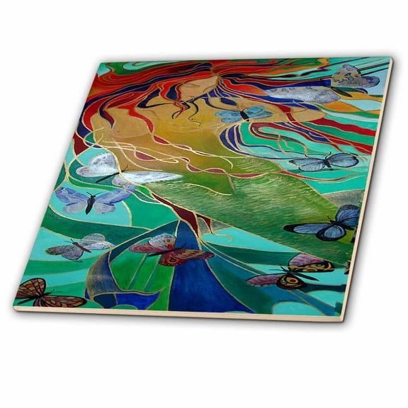 3dRose, Mermaid and Butterflies - elusive, untamed, art nouveau, femininity, mythology, butterflies, mermaid, 6 Inch Ceramic Tile