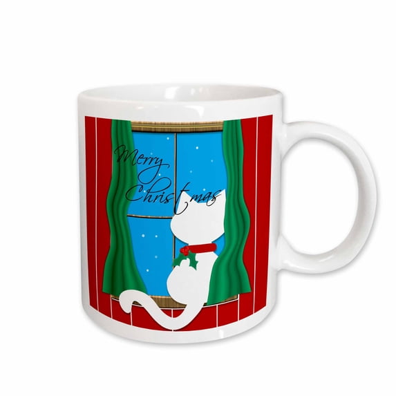 3drose, Merry Christmas - Cute White Cat in Snowy Window, 11oz Mug