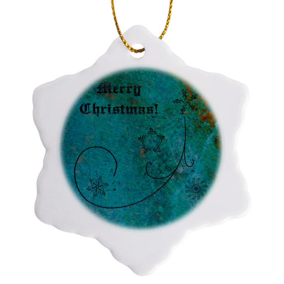 3drose, Merry Christmas, Elegant Aqua, Coral, Green, Snowflakes and Stars, 3 inch Snowflake Porcelain Ornament