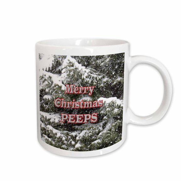 3drose, Merry Christmas Peeps Is Written Over a Snow Covered Pine Tree, 11oz Mug