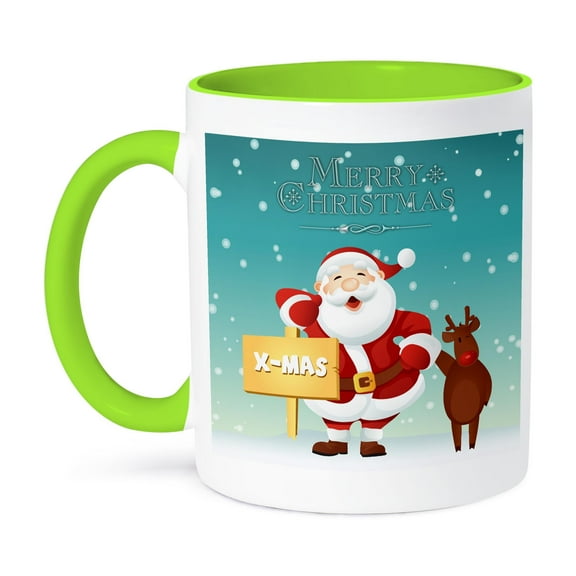 3dRose, Merry Christmas Santa and Rudolph Greeting, 15oz Two-Tone Green Mug