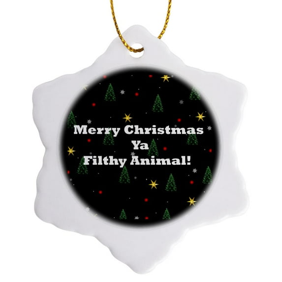 3drose, Merry Christmas Ya Filthy Animal with Black Background, 3 inch Snowflake Porcelain Ornament