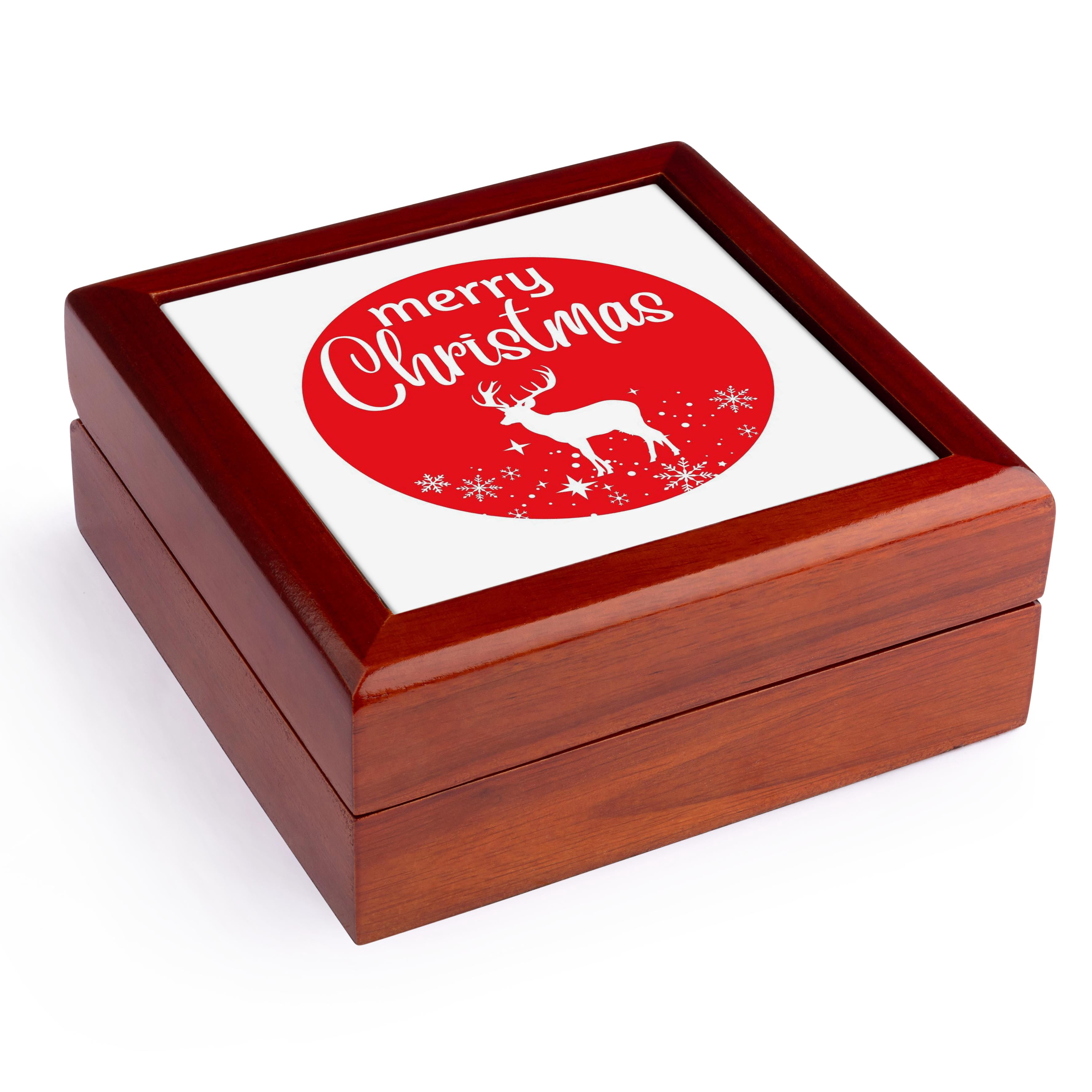 3dRose, Merry Christmas with a red circle and reindeer, Jewelry Box 5.5x5.5 inch with 4 inch tile