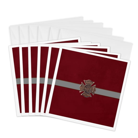 3dRose, Metal Look Firefighter Emblem Design, Gray Ribbon Look on Red , 6 Greeting Cards with envelopes