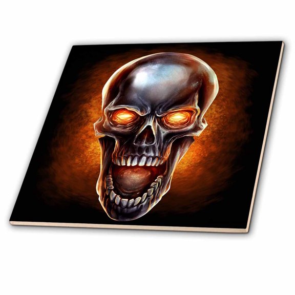 3dRose, Metallic looking skull with fire in the back ground, 6 Inch Ceramic Tile