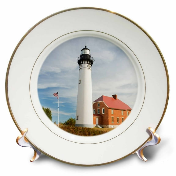 3dRose, Michigan, Pictured Rocks, Au Sable Point Lighthouse, bulit 1874, 8 inch Porcelain Plate