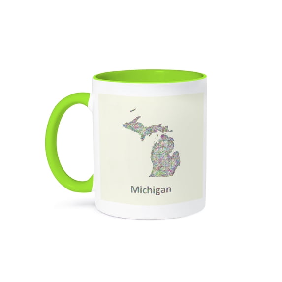 3drose, Michigan State Map - Colorful Line Art Graphic Design, 11oz Two-tone Green Mug