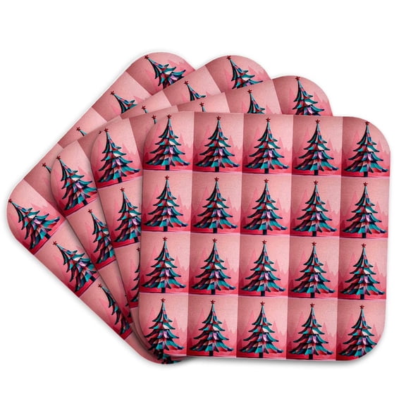 3drose, Mid-century Pink Kitsch Op Art Christmas Tree Pattern, Set of 4 Coasters - Soft