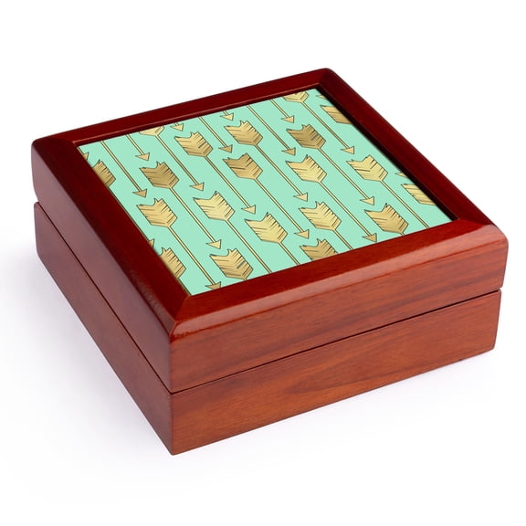 3dRose, Mint and Gold Arrows Pattern, Jewelry Box 5.5x5.5 inch with 4 inch tile