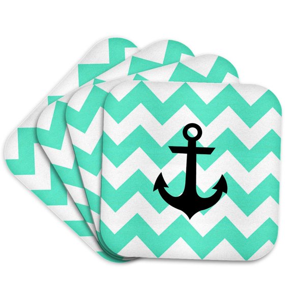 3drose, Mint and White Chevron Pattern with Black Anchor, Set of 4 Coasters - Soft