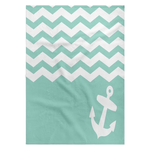 3dRose, Mint and white chevron with nautical anchor - pastel aqua blue zigzag pattern - sea wave zig zags, 22x30 Bath Hand Pool Towel
