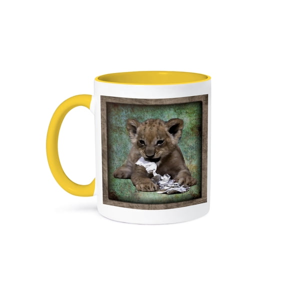 3dRose, Mischievous Lion Cub, 15oz Two-Tone Yellow Mug