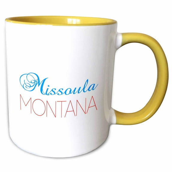 3drose, Missoula, Montana Blue, Red Text. Patriotic Home Town Design, 11oz Two-tone Yellow Mug