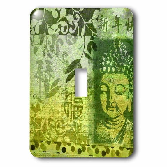 3dRose Mixed media art Buddha and Chinese calligraphy in shades of green - Single Toggle Switch