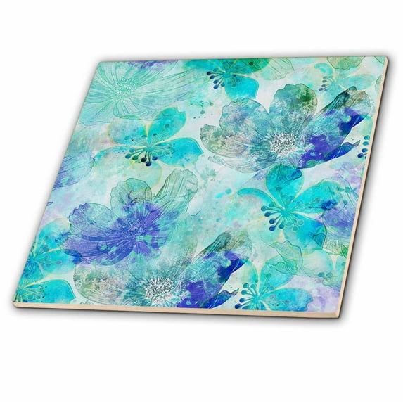 3dRose, Mixed media art abstract flower patter turquoise blue, 6 Inch Ceramic Tile