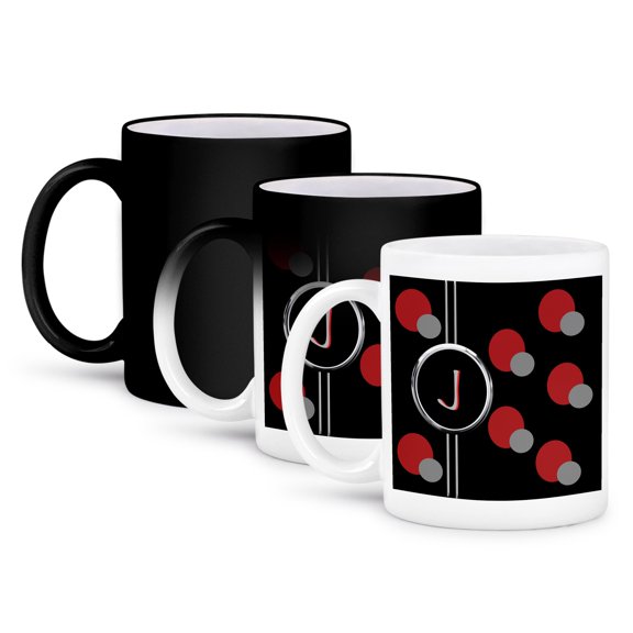 3dRose, Modern Geometric Black Red Grey Circle Pattern Monogram Letter J, 11oz Magic Transforming Mug