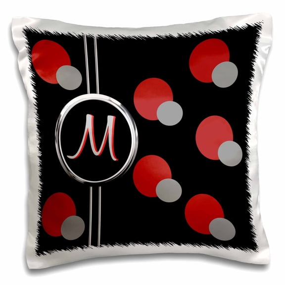3dRose, Modern Geometric Black Red Grey Circle Pattern Monogram Letter M, 16x16 inch Pillow Case
