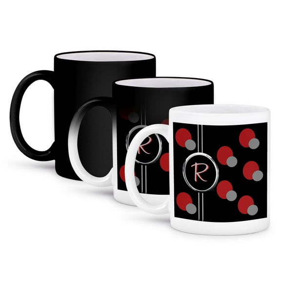 3dRose, Modern Geometric Black Red Grey Circle Pattern Monogram Letter R, 11oz Magic Transforming Mug
