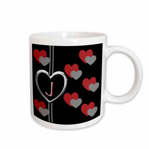 3drose, Modern Geometric Black Red Grey Hearts Pattern Monogram Letter J, 11oz Mug