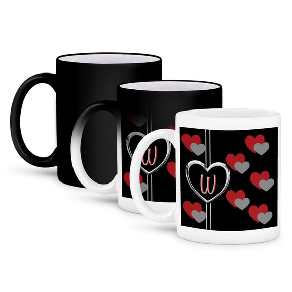 3dRose, Modern Geometric Black Red Grey Hearts Pattern Monogram Letter W, 11oz Magic Transforming Mug