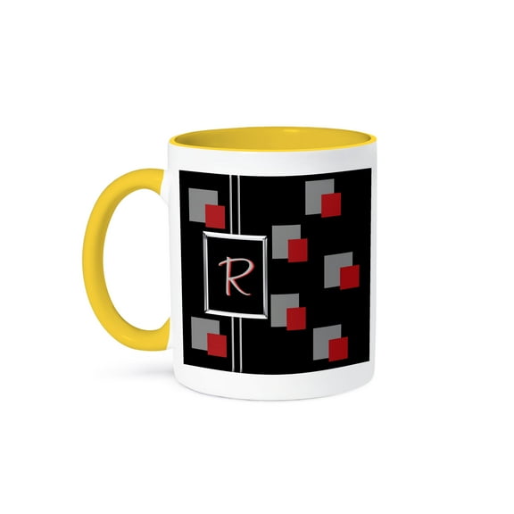 3dRose, Modern Geometric Black Red Grey Square Pattern Monogram Letter R, 15oz Two-Tone Yellow Mug