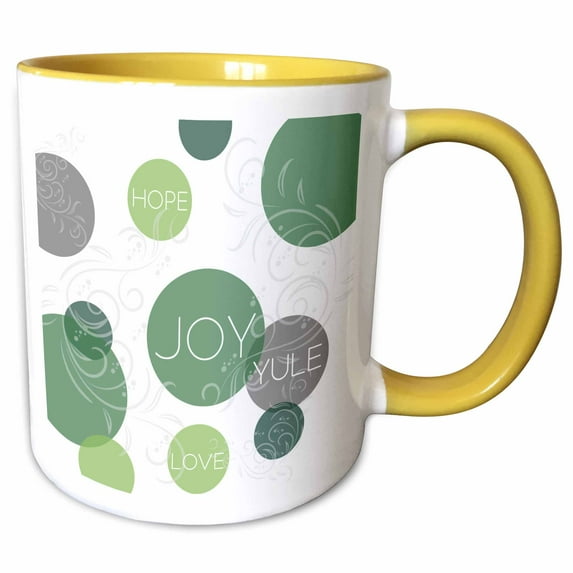 3drose, Modern Geometric Circles in Shades of Green Holiday Joy and Hope, 11oz Two-tone Yellow Mug
