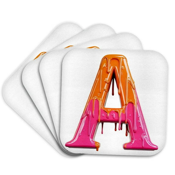 3drose, Modern Pink and Orange Image of Dripping Paint Monogram Initial A, Set of 4 Coasters - Soft