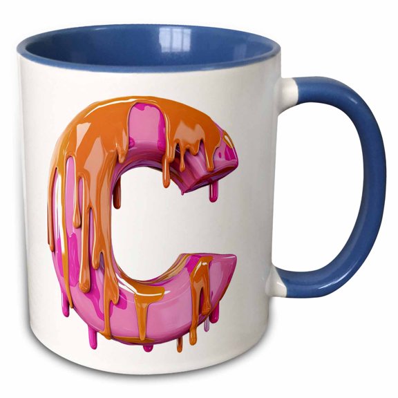 3drose, Modern Pink and Orange Image of Dripping Paint Monogram Initial C, 15oz Two-tone Blue Mug