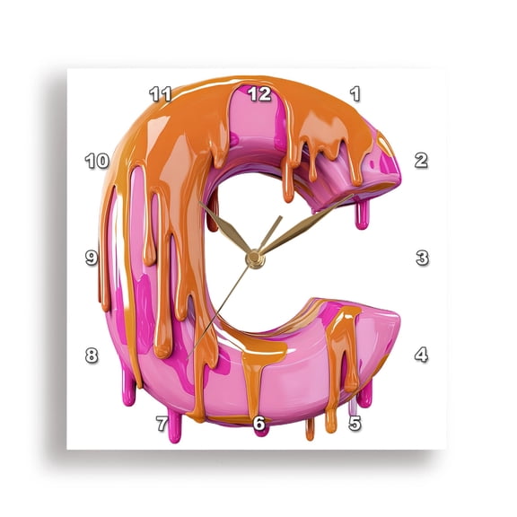3dRose, Modern Pink and Orange Image Of Dripping Paint Monogram Initial C, 15x15 Wall Clock