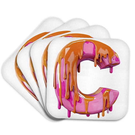 3drose, Modern Pink and Orange Image of Dripping Paint Monogram Initial C, Set of 4 Coasters - Soft