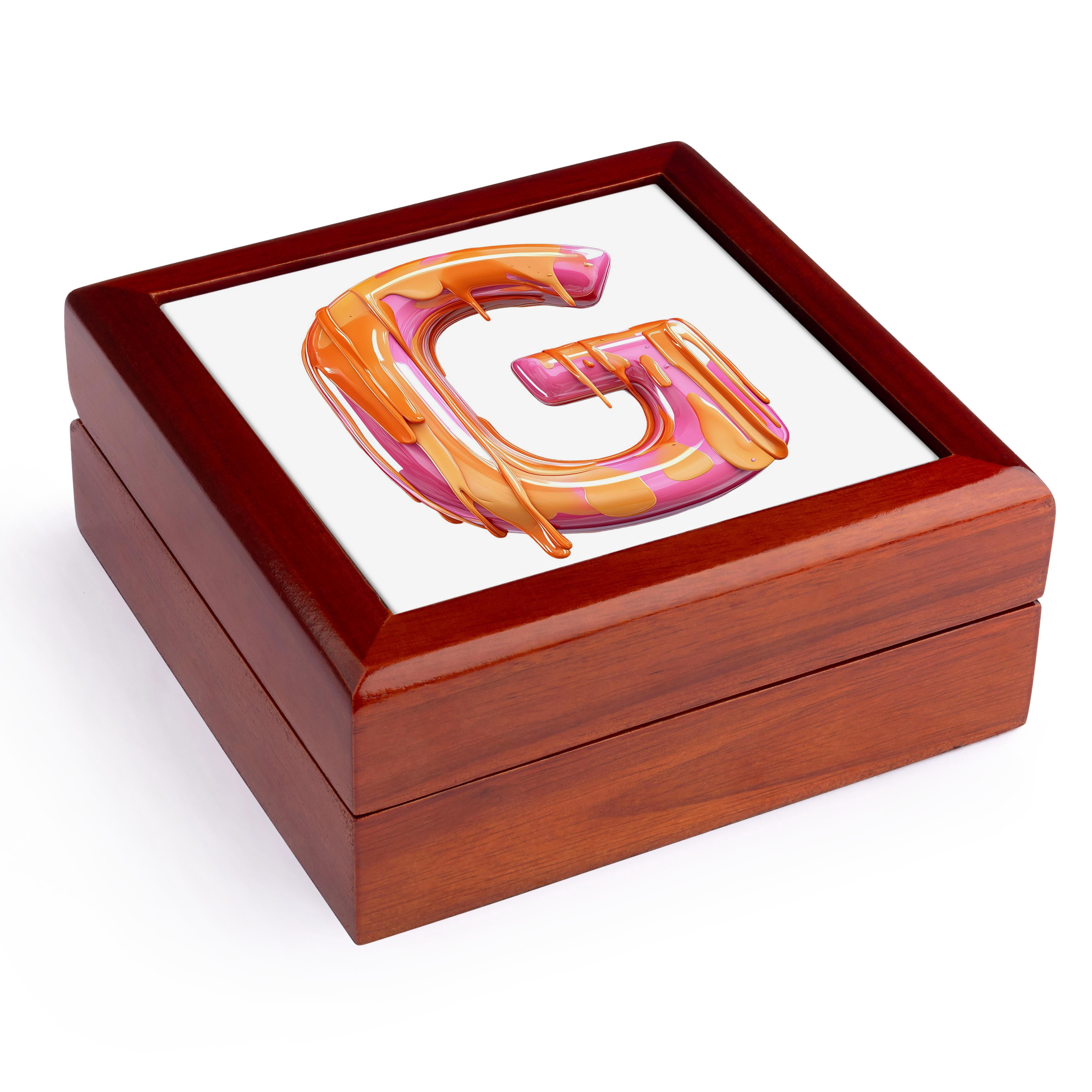 3dRose, Modern Pink and Orange Image Of Dripping Paint Monogram Initial G, Jewelry Box 5.5x5.5 inch with 4 inch tile