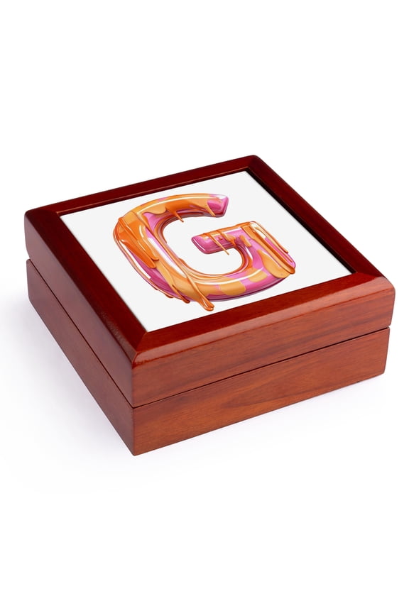 , Modern Pink and Orange Image Of Dripping Paint Monogram Initial G, Jewelry Box 5.5x5.5 inch with 4 inch tile